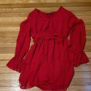 Boohoo Red V-Neck Dotted Ruffle Dress